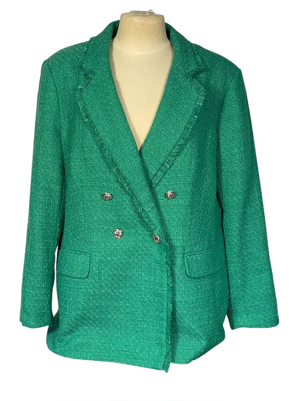 Karl Lagerfeld Paris Green Boucle Tweed Double Breasted Blazer Jacket Sz 16